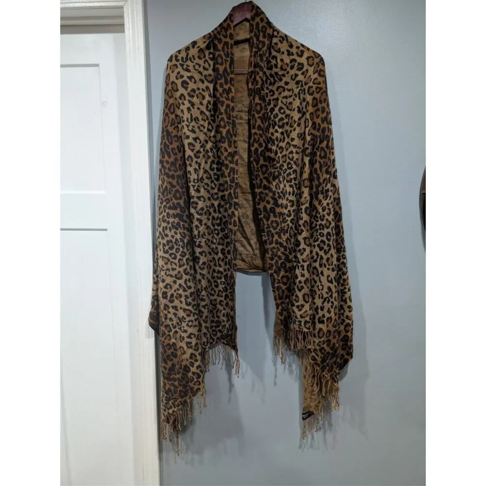 Tashia Pashmina London Women's Leopard Print Shawl Scarf Cashmere Silk Fringe